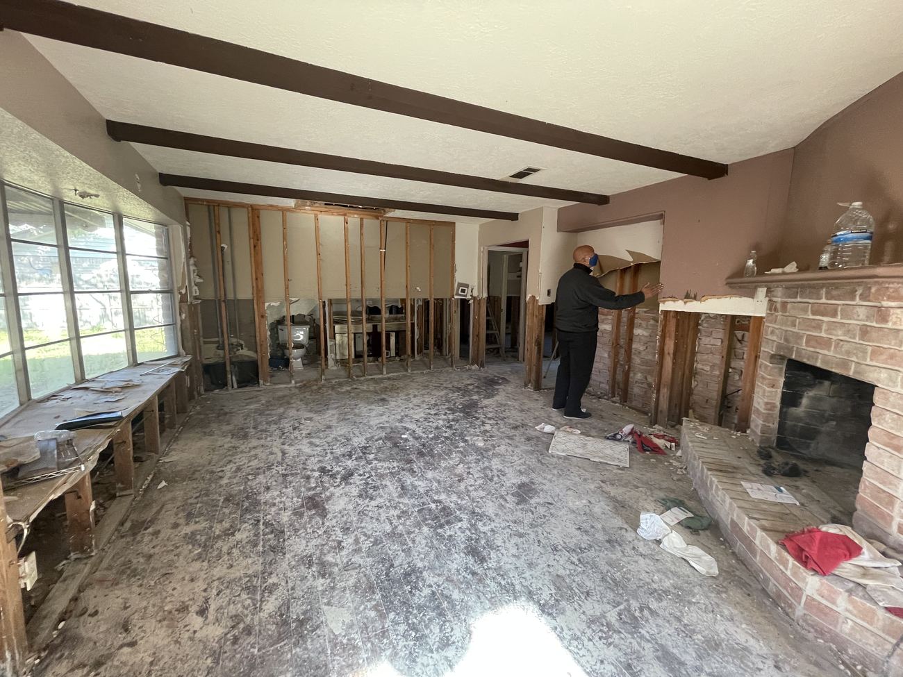 Friendswood living room stripped to the studs after flood damage